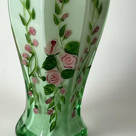 Cased Milk Green Glass Vase Hand Painted Pink Roses Floral Flower Ruffled Top - Picture 8 of 11